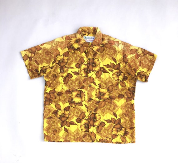50s VINTAGE Duke of Hollywood ハワイアンシャツL VTG Duke of Hollywood Waikiki Wear Lime Green Hibiscus