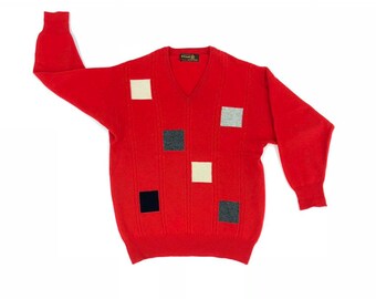 Sweter wełniany LYLE & SCOTT Red Square V-Neck. Rozmiar M. Szkocja.