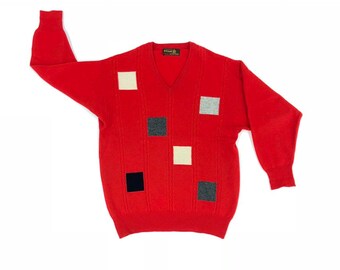 LYLE & SCOTT Red Square V-Neck Wool Sweater. Sz M. Scotland.