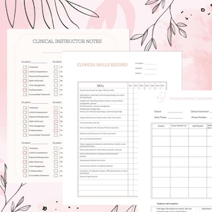 May include: A printable clinical skills record for students. The document includes sections for student information, skills, and clinical instructor notes. The document is designed to be used in a healthcare setting.