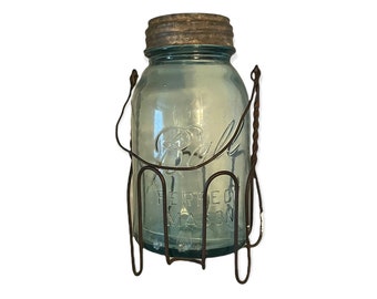 Vintage Ball Glass Mason Jar Blue with Zinc Cap Regular Mouth 1930s