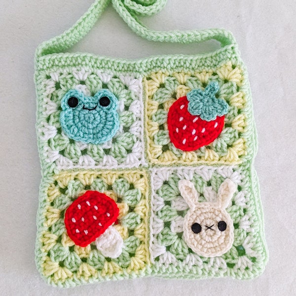 Spring Daisy Frog & Bunny Crochet Granny Square Bag