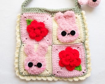 Rosey the Bunny Cottage Core Crochet Bag OOAK