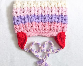 Crochet Cat Ear Beanie,  Pastel Puff Stitch Hat, with Heart Ear Flaps