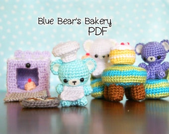10 in 1, Blue Bear's Bakery Amigurumi Bear Pattern, Teeny Tot Bears Crochet Tutorial, Crochet Set, Amigurumi PDF