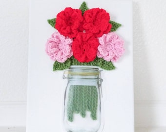 Red & Pink Crochet Flowers in a Jar Wall Art Canvas Work