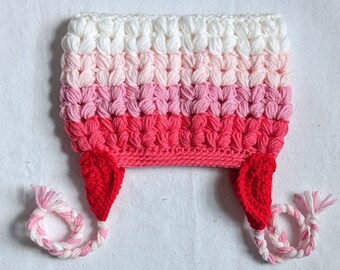 Crochet Cat Ear Beanie, Pink Love Puff Stitch Hat, with Heart Ear Flaps