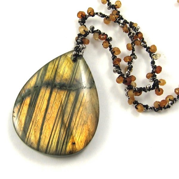 Brown Labradorite Necklace, Brown Beaded Necklace, Fall Colors, Pendant Necklace Large Labradorite Pendant Brown Pendant Brown Necklace