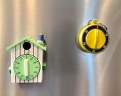 Two Vintage Kitchen Timers-Refrigerator Magnet Egg Timer-Cuckoo Clock