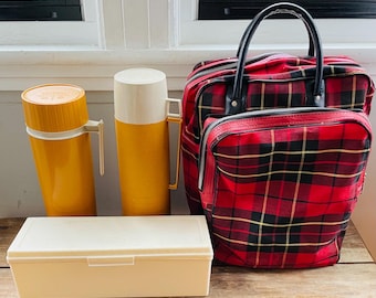 SALE-MCM Vintage Thermos Plaid Picnic Set