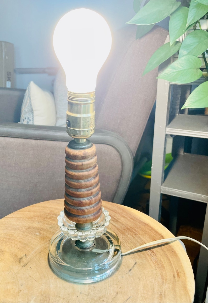 Vintage Glass and Teak Wood Table Lamp Accent Lamp Etsy