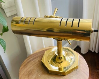 Vintage Brass Piano Lamp, Adjustable Height & Angle, Writer's Desk Lamp, Banker Lawyer Lamp, Office Library Light, Switch on side of Shade