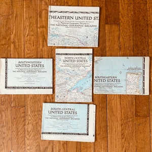 May include: Five vintage maps of the United States, each depicting a different region. The maps are titled "North Central United States", "Southwestern United States", "Southeastern United States", "South Central United States", and "Eastern United States". Each map is printed on a light blue background with black lines and text.