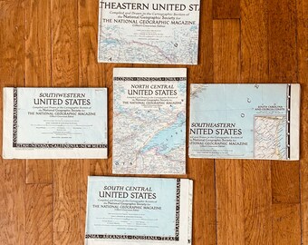 Vintage 1940s National Geographic USA Maps - Lot of 5