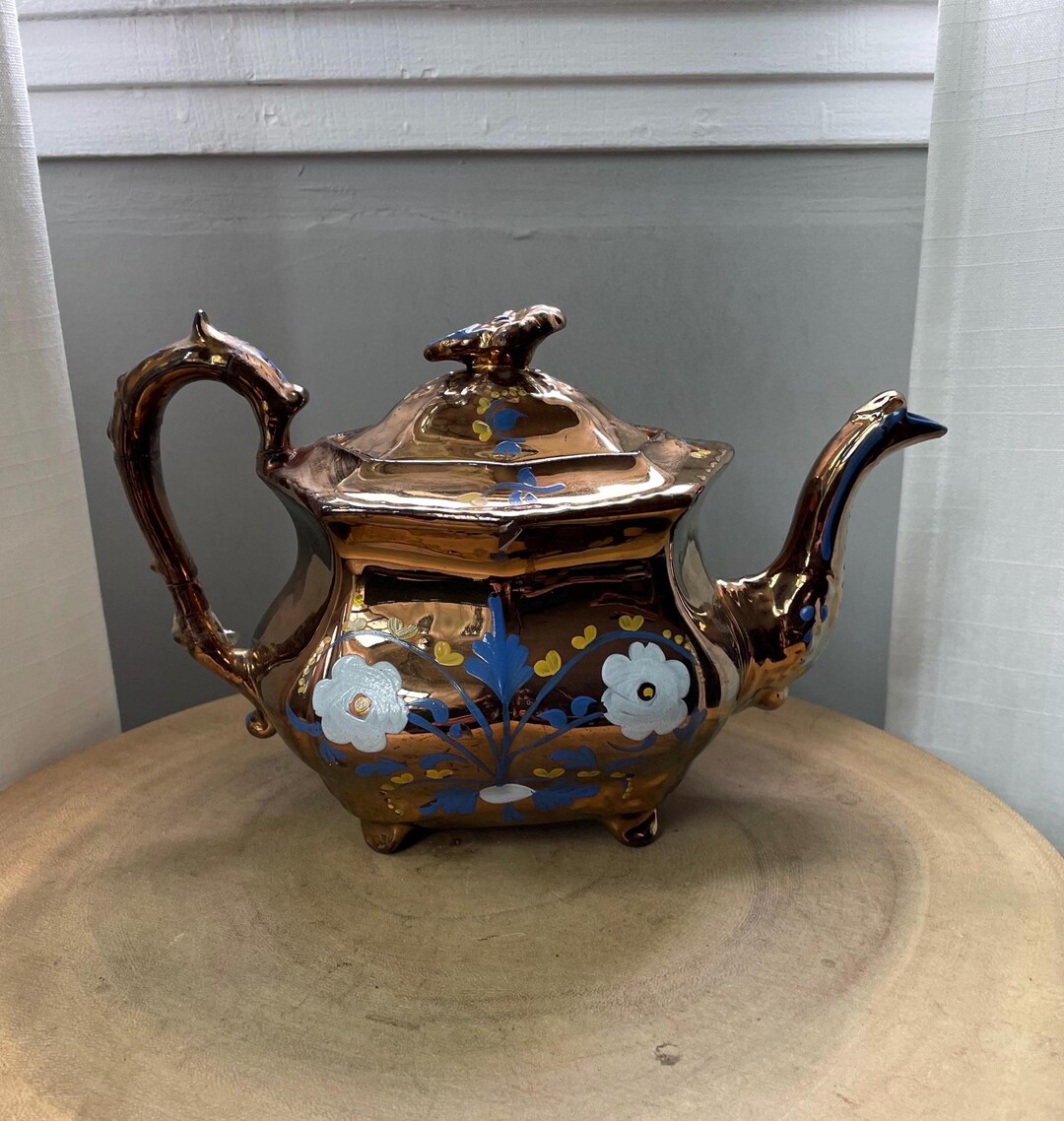 Antique Copper Lustre Ware - Large Footed Teapot W Flowers - Etsy