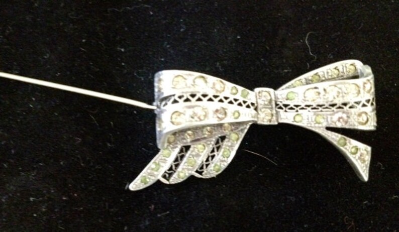 SALE-Vintage Sterling Marcasite Rhinestone Bow Pin image 2