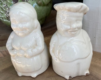 Vintage white ceramic man and woman salt & pepper shakers/Baker couple
