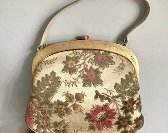Vintage Tapestry Bag- Floral and Gold Bag-Leather Handles-1950's handbags
