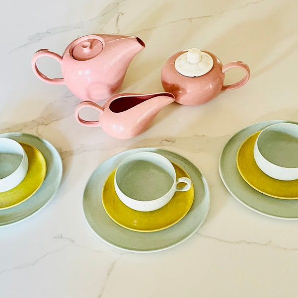 MCM 1950’s Russel Wright Ideal melamine toy tea set Aqua/Blue/rose