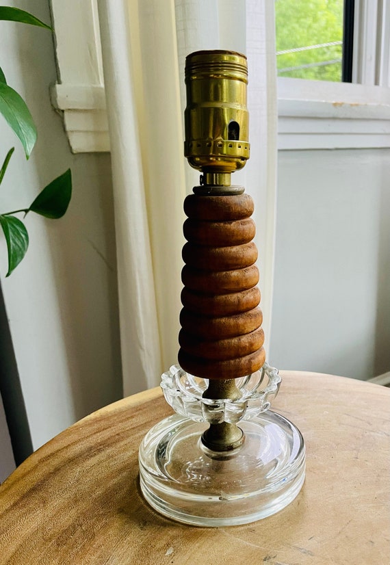 Vintage Glass and Teak Wood Table Lamp Accent Lamp Etsy