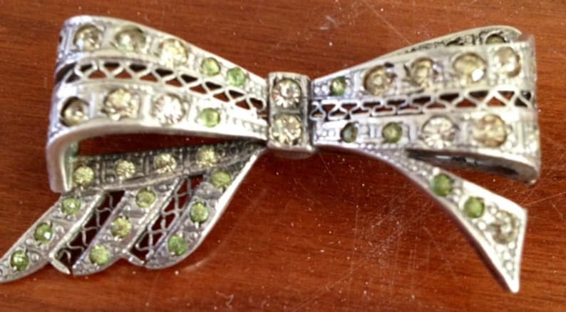 SALE-Vintage Sterling Marcasite Rhinestone Bow Pin image 1