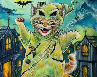 Arte de gatos, lámina o lienzo, Oogie Boogie Kitty, obra de arte original, decoración de pared