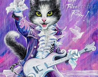 Giclée Prints & CANVASES, "Purr Purr Rain", Purple Rain, Prince, Cat art (Please read "Description" for details below)