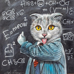 May include: A gray cat wearing a blue suit and red tie is standing in front of a chalkboard. The cat is pointing at the chalkboard with its right paw. The chalkboard has equations written on it, including "HISS + CH = ", "E = meow", and "CH = ".