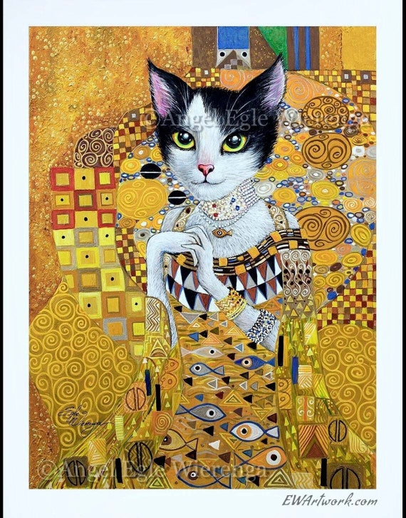 ジクレー版画とキャンバス、「金の猫」、オリジナルの猫のアート、金の