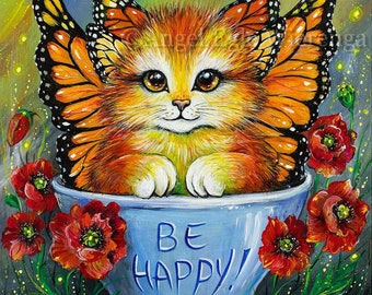 Art Prints & CANVASES, "Be Happy!", Cat in a cup, Fantasy, Cat art (Please read Description for details)