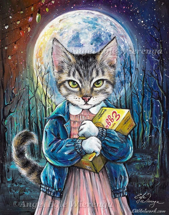 Kittieleven ジクレープリント、Stranger Things 猫アート、Eleven 壁