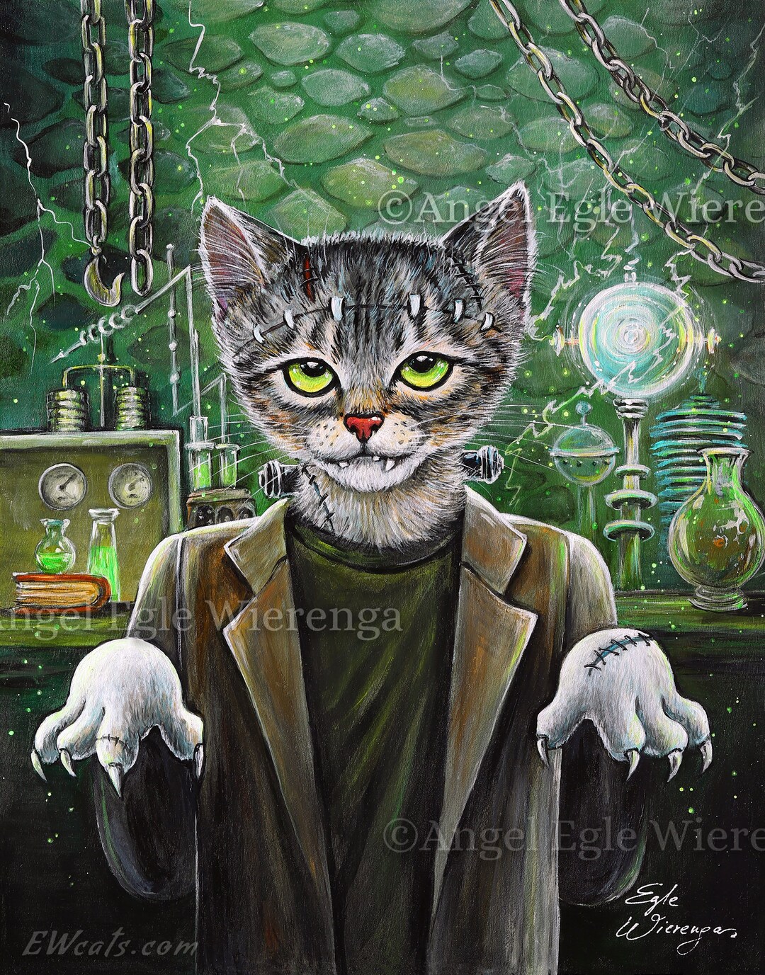 Frankencat Giclée Print, Spooky Frankenstein Cat Art - Etsy