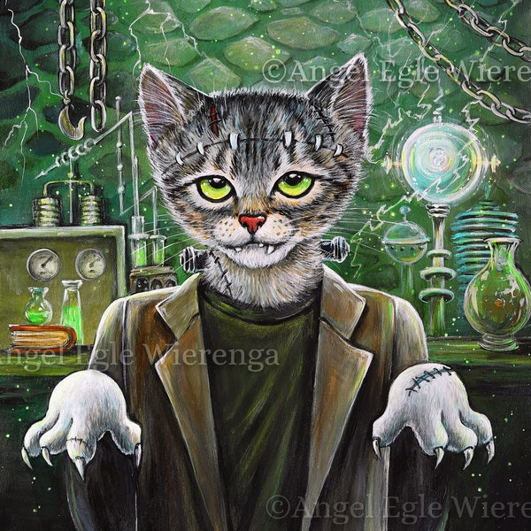 Giclée Prints & CANVASES,  "FrankenCat", Frankenstein cat, spooky cat art (Please read Item Details in "Description" below )