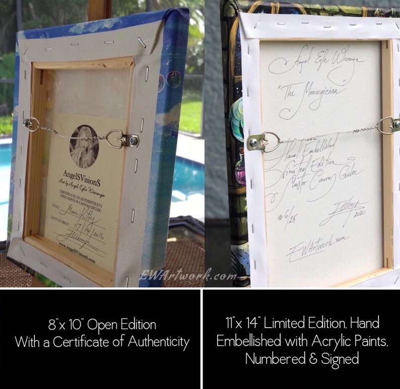 May include: Two framed canvas paintings, one 8x10 inches and the other 11x14 inches. The smaller painting is an open edition with a certificate of authenticity. The larger painting is a limited edition, hand embellished with acrylic paints, numbered and signed. Both paintings feature a whimsical, colorful style.