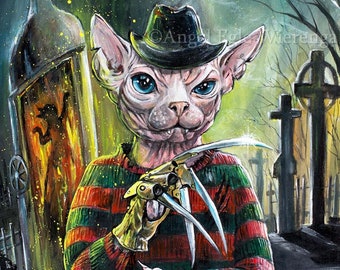 Giclée Prints & CANVASES, "Freddy Kat", Freddy Krueger, Spooky Cat art (Please read "Description" below for details)