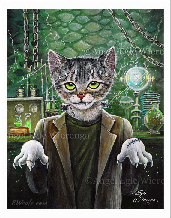 Frankencat Giclée Print, Spooky Frankenstein Cat Art - Etsy