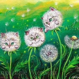 Giclée Prints & CANVASES, "Kittylions", Cats Dandelions, white Kittens, Cat art (Please read Description for info below)