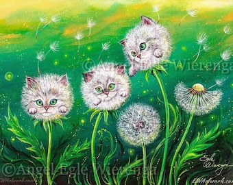 Giclée Prints & CANVASES, "Kittylions", Cats Dandelions, white Kittens, Cat art (Please read Description for info below)