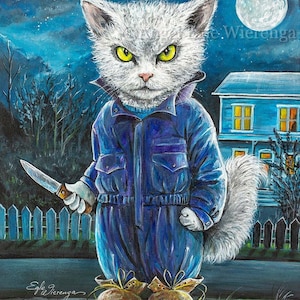 Giclée Prints & CANVASES, Michael Meowers, Michael Myers, Horror, Halloween, Cat art Please read Description below for details image 1