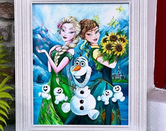 ORIGINAL PAINTING "Frozen Sunshine" Acrylics on Wood panel, Sold with frame!  Please Read Description below for details!