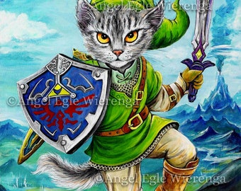 Giclee Prints & CANVASES, "Kitty Link", Wall art, cat art (please read "Item details" in Description below)