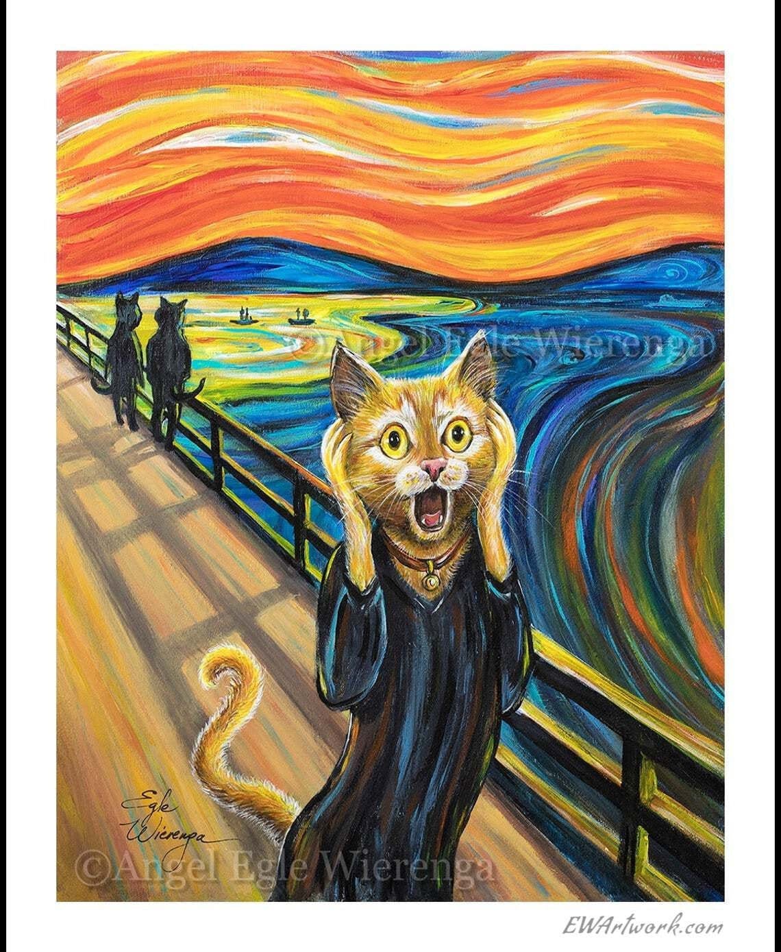 ジクレー版画とキャンバス「猫の叫び」、オリジナル猫アート（詳細は