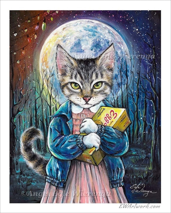 Kittieleven ジクレープリント、Stranger Things 猫アート、Eleven 壁