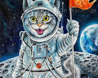 Giclée Prints & CANVASES, "First Cat on the Moon", Cat Cosmonaut, Cat in space, space cat art (Please read "Description" below for details)