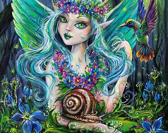 Giclée CANVAS, 8x10", stretched, ready to hang  "Hummingbird Fairy", Green Fairy, Forest fairy, fairy art, art print on an original artwork