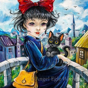 Giclée Prints & CANVASES, &quot;K and J&quot;, anime, Kiki&#39;s delivery service, Cat art (please read &quot;Item details&quot; in Description)