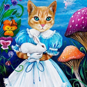 Giclée Prints & CANVASES, &quot;A Cat with Rabbit&quot;, cat art  (Please read Description below)