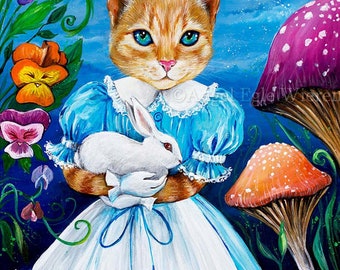 Giclée Prints & CANVASES, "A Cat with Rabbit", cat art  (Please read Description below)