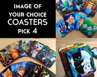 4 Coasters of YOUR CHOICE! Free Stand! Pick any images from my entire shop!List your choices at the checkout in (Add a note to EWcats).