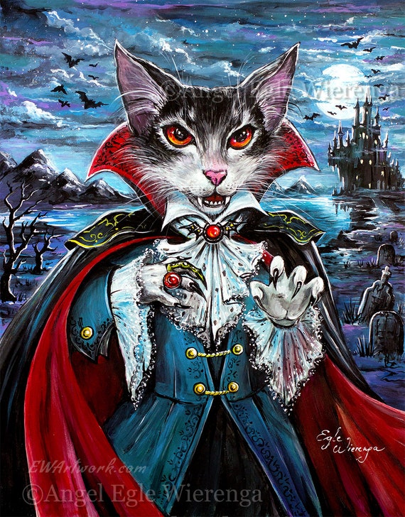 ジクレー版画とキャンバス、「DraCatula」、ドラキュラ猫、不気味な猫